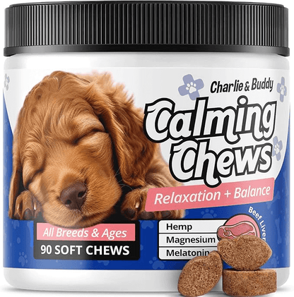 Charlie & Buddy Calming Chews for Dogs, Dog Anxiety Relief, Promote Relaxation, Dog Calming Chews with Melatonin for Dogs, Chamomile, Magnesium Citrate, 90 Soft Chews, Chicken Flavor