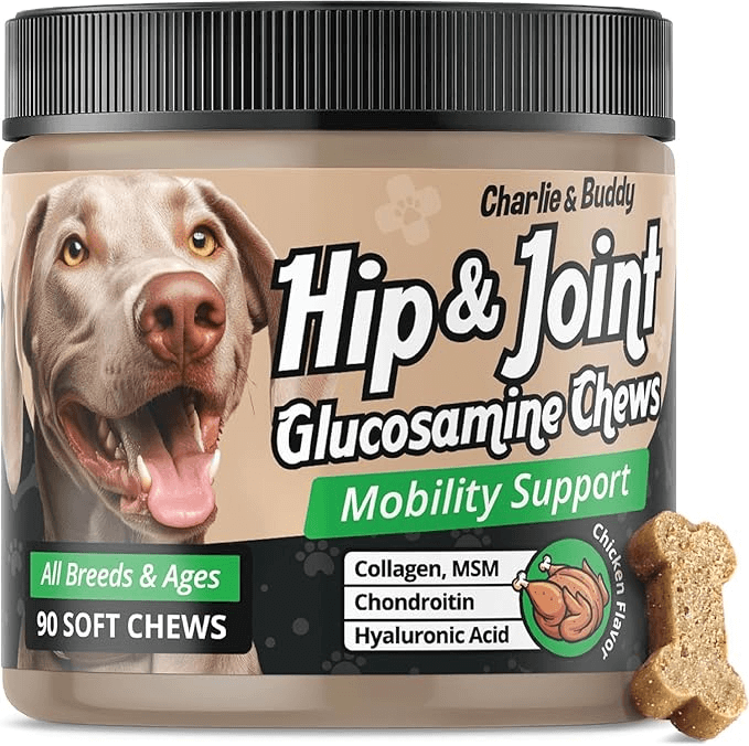 Charlie & Buddy Glucosamine for Dogs Chewable, Joint Supplement for Dogs for Mobility Support, Glucosamine Chondroitin for Dogs with Hyaluronic Acid, Collagen, Chicken Flavor, 90 Soft Chews