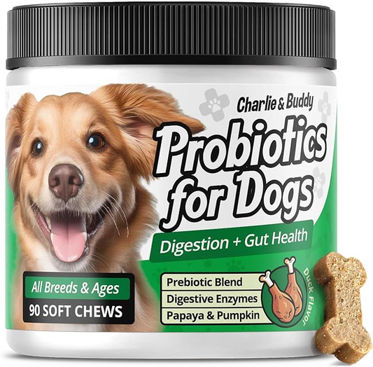 Charlie & Buddy Pet Probiotics for Dogs Aid Gut Flora, Dog Probiotics for Digestive Health with Digestive Enzymes, Pumpkin, and Papaya for Upset Stomach, 90 Soft Probiotic Chews for Dogs, Duck Flavor