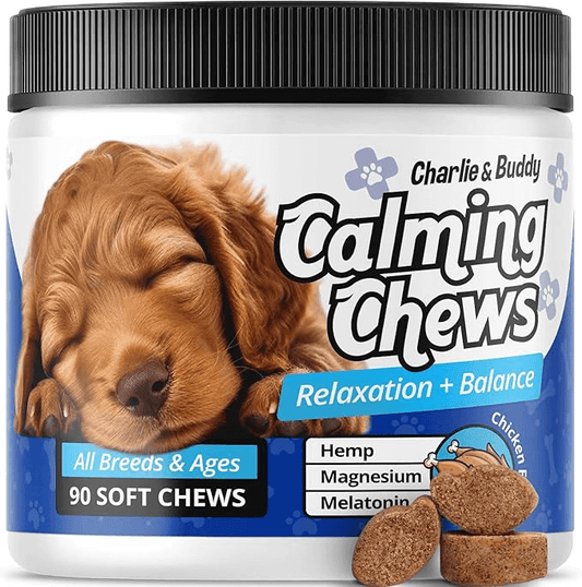 Charlie & Buddy Calming Chews for Dogs, Dog Anxiety Relief, Promote Relaxation, Dog Calming Chews with Melatonin for Dogs, Chamomile, Magnesium Citrate, 90 Soft Chews, Chicken Flavor