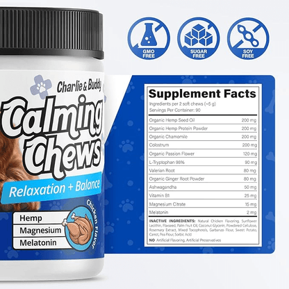 Charlie & Buddy Calming Chews for Dogs, Dog Anxiety Relief, Promote Relaxation, Dog Calming Chews with Melatonin for Dogs, Chamomile, Magnesium Citrate, 90 Soft Chews, Chicken Flavor