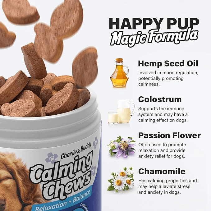 Charlie & Buddy Calming Chews for Dogs, Dog Anxiety Relief, Promote Relaxation, Dog Calming Chews with Melatonin for Dogs, Chamomile, Magnesium Citrate, 90 Soft Chews, Chicken Flavor