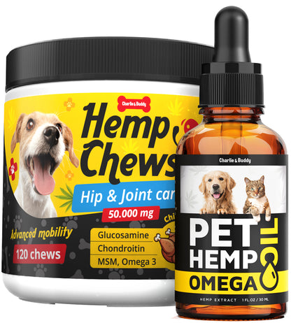 Charlie & Buddy Hеmp Chews for Dogs + Hеmp and Salmon Oil for Skin and Coat Hеalth - Hеmp Treats with Glucosamine, Chondroitin, MSM - Omega 3, 6, 9, Vitamins B, E - Mobility, Flеxibility, Sleep