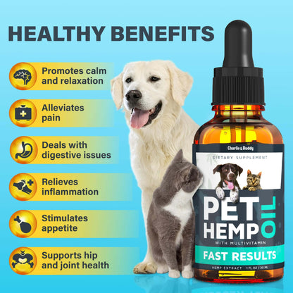 Hemp Oil Dogs Cats CHARLIE & BUDDY - Helps Pets with Anxiety, Pain, Stress, Sleep, Arthritis, Seizures Relief - Hip Joint Health - 100 Natural Pure Drops, Organic Calming Treats