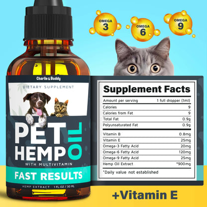 Hemp Oil Dogs Cats CHARLIE & BUDDY - Helps Pets with Anxiety, Pain, Stress, Sleep, Arthritis, Seizures Relief - Hip Joint Health - 100 Natural Pure Drops, Organic Calming Treats